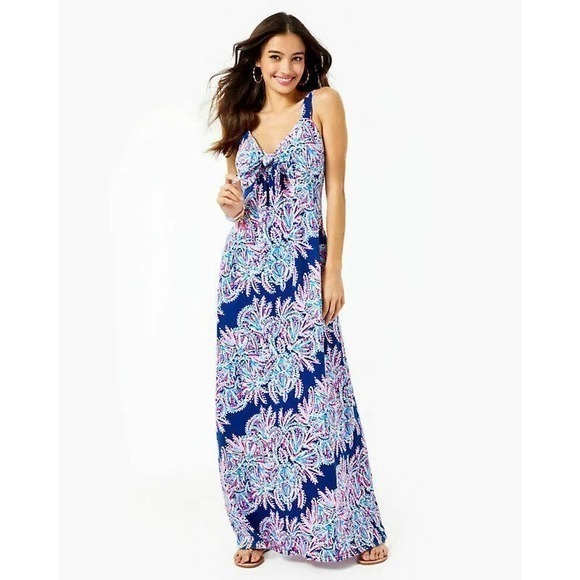NEW Lilly Pulitzer Maui Maxi Dress in Oyster Bay Blue Miss Shell beach Size 12 - Picture 1 of 11
